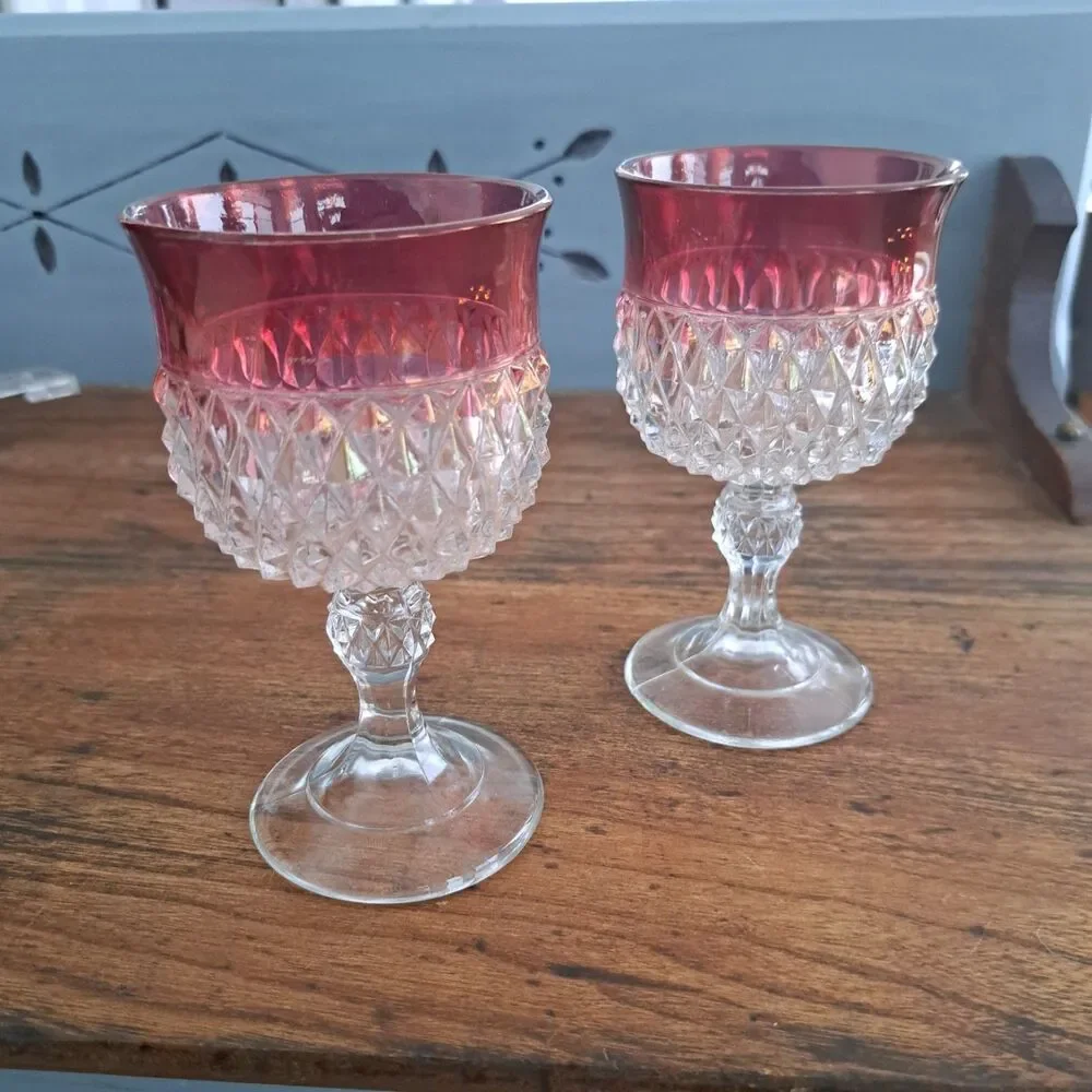 Vintage Set Of 2 Diamond Point Ruby Pink Water Wine Crystal Goblet Indiana Glass